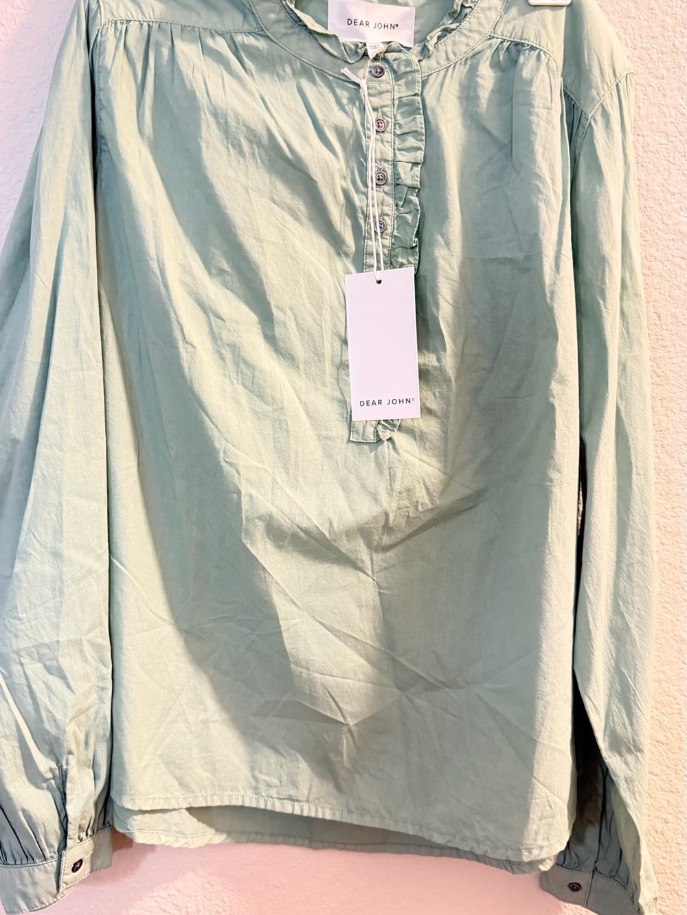 Dear John Sage Green Ruffle Henley Blouse very light weight